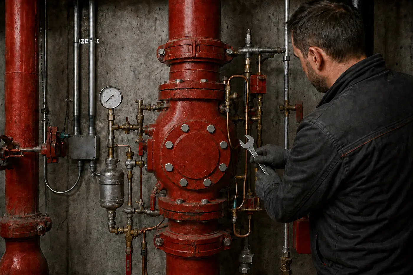 Servicetekniker ved sprinkleralarmventil